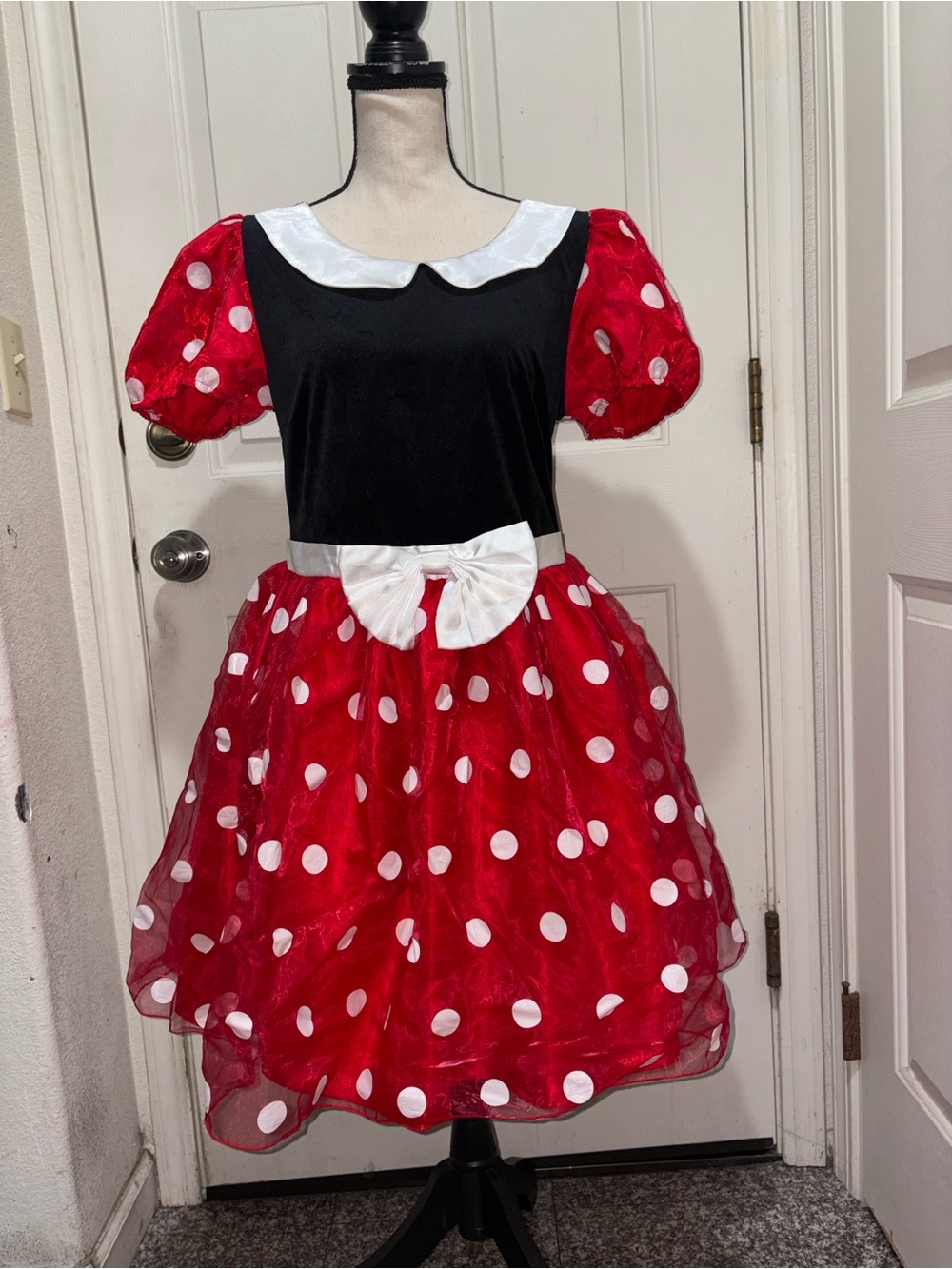 Minnie Mouse Red and Black Polka Dot Adult Costume Dress with White Bow. Medium
